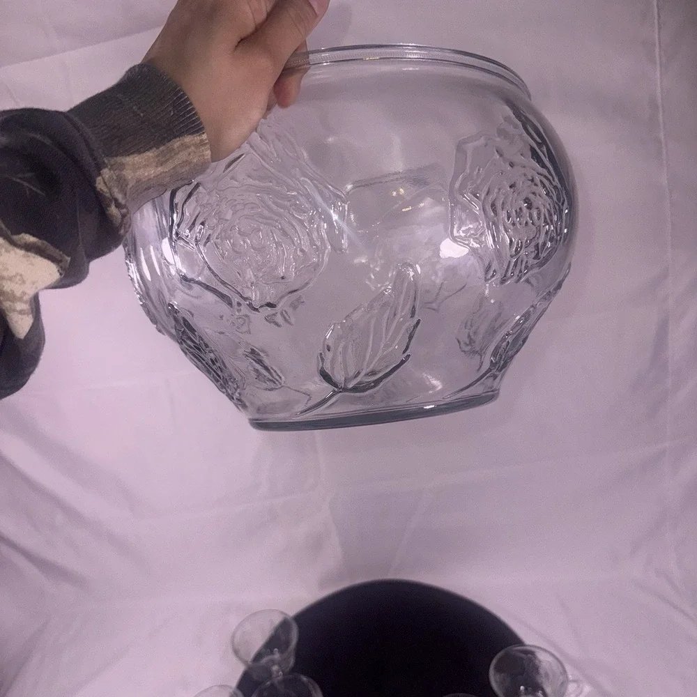 Vintage Indiana Glass Co. Rose Punch Bowl Set 10 Cups And Two Laddles